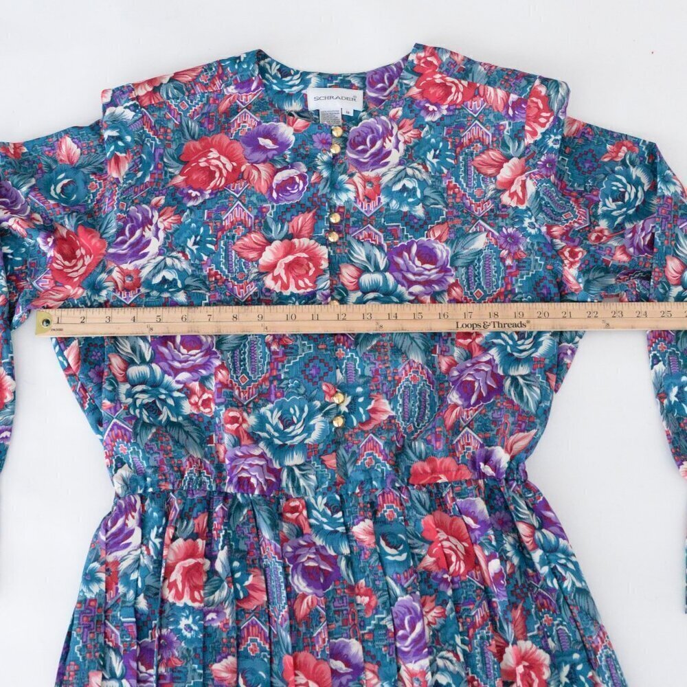 Vintage Schrader Teal Purple Floral Button Front Pleated Maxi Retro 80s Dress 18 - Picture 3 of 14
